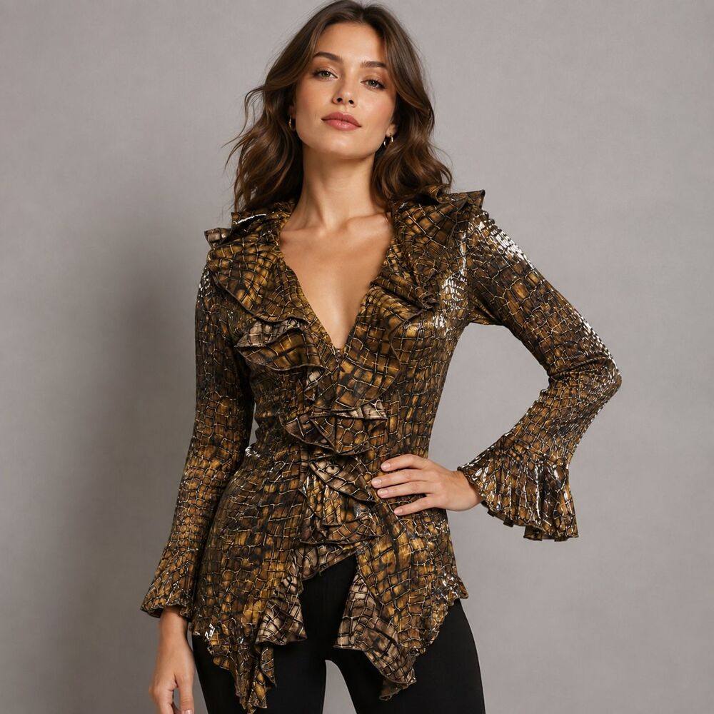 Alberto Makali Ruffle Jacket S Metallic Brown Gold Croc Print Pleated Statement